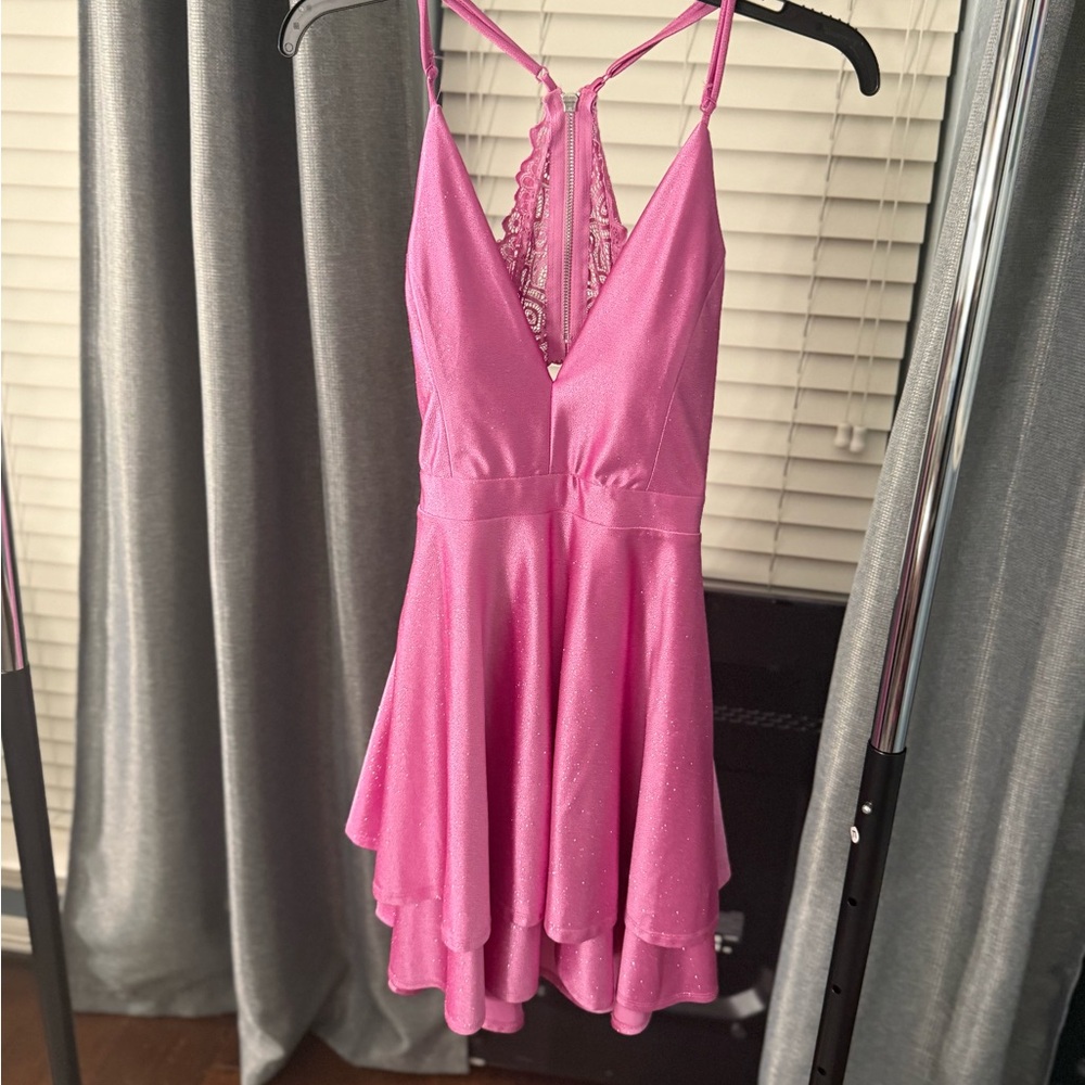 PINK DRESS- STRAPS WITH LACE ZIP UP BACK- V CUT